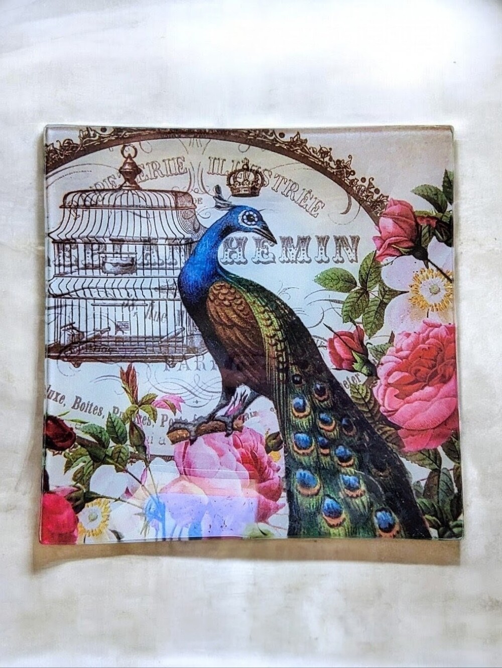 Vintage Retro Style Peacock Rose Trinket Dish Tray Accent Piece. Catchall. Valet